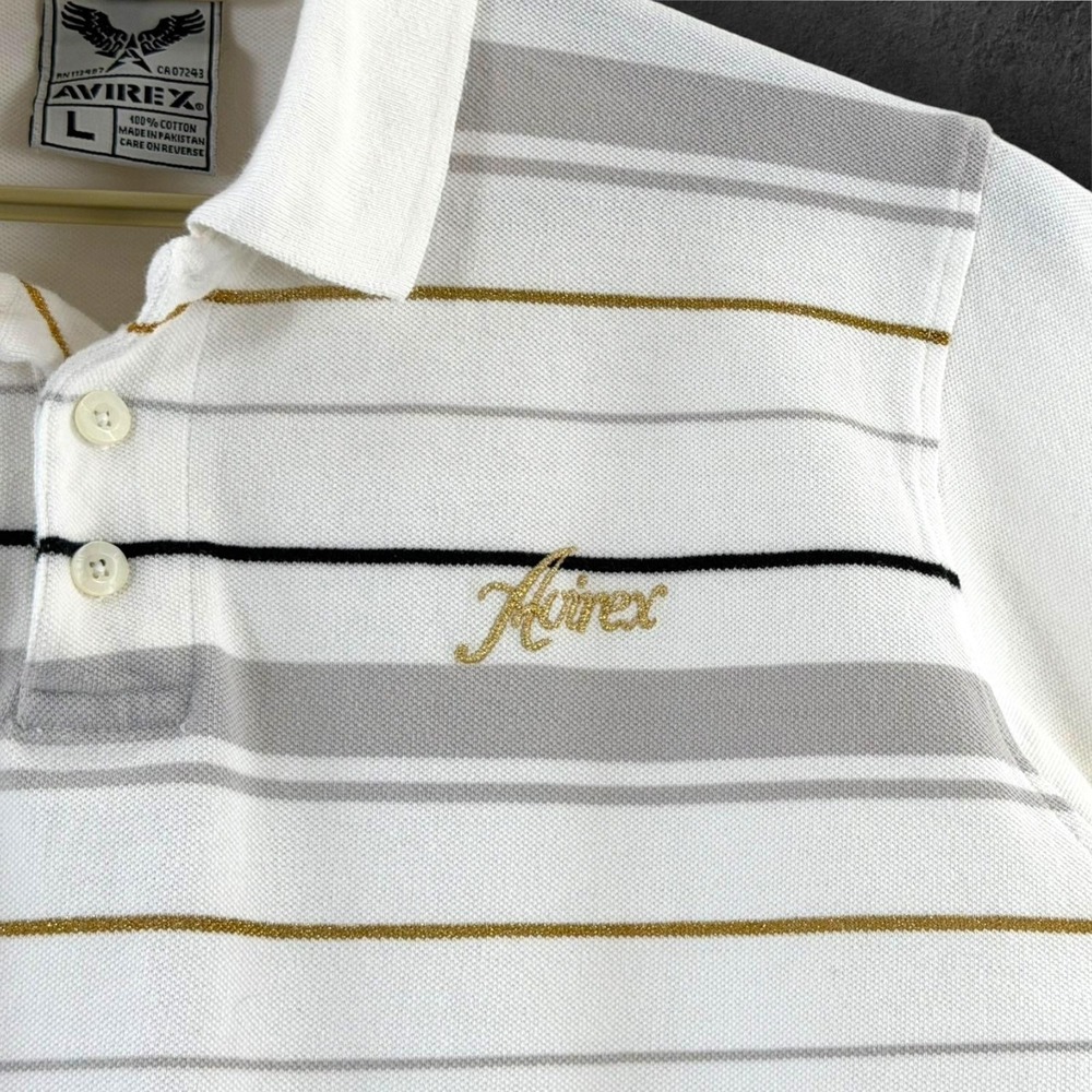 Avirex Polo Shirt Mens L White Gray Stripe Cotton Knit Logo Casual Golf